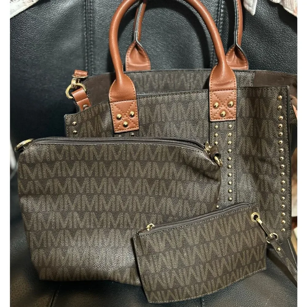 M Marco Collection Brown Monogram‎ 3 pc Set Crossbody Purse Wristlet